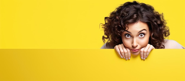 La donna bruna sbircia dalla lavagna bianca dietro il cartellone di sfondo giallo per il tuo testo o disegno