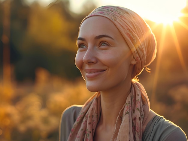 La donna calva combattente contro il cancro con il velo sorride all'aperto alla luce del sole