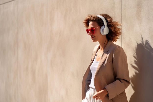 La donna cammina ascolta la musica vicino al muro soleggiato