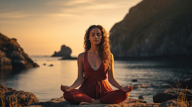 La donna che fa yoga si rilassa nella natura Immagine generata dall'intelligenza artificiale