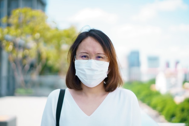 La donna che indossa la maschera per il viso protegge il filtro dall'inquinamento atmosferico (PM2,5) o indossa la maschera N95. proteggere l'inquinamento, anti smog e virus, l'inquinamento atmosferico ha causato problemi di salute. concetto di inquinamento ambientale.