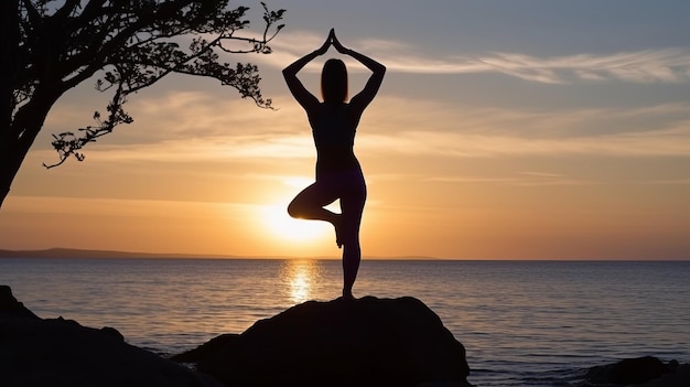 La donna che pratica lo yoga si estende al tramonto Salute ed equilibrio del corpo Ia generativa