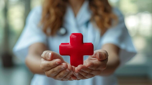 La donna che tiene l'icona più è un'icona per l'iconna medica dell'assistenza sanitaria Il concetto di assicurazione sanitaria La salute del benessere e lo spazio di copia sono disponibili