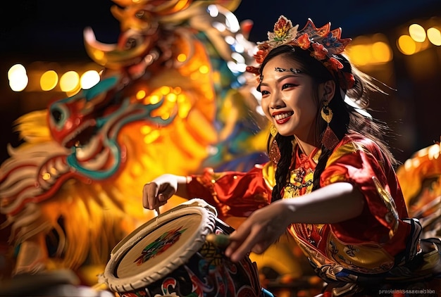 la donna cinese esegue una danza tradizionale durante lo spettacolo di percussioni di Capodanno nello stile di Streetcap