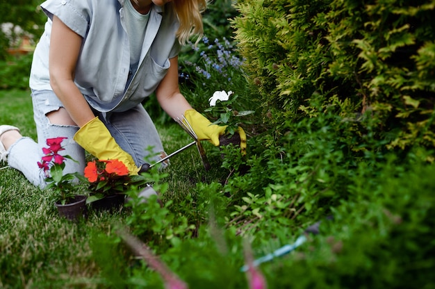 La donna con la zappa coltiva i fiori nel giardino