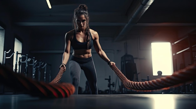 La donna con le corde di battaglia della corda di battaglia si esercita nel lavoro dell'atleta di addestramento della corda di sport della palestra di forma fisica