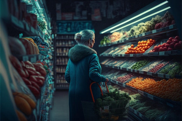 La donna con un cappotto blu e una borsa della spesa è un negozio di alimentari ai generativo