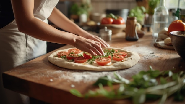 La donna cucina la pizza fatta in casa in cucina