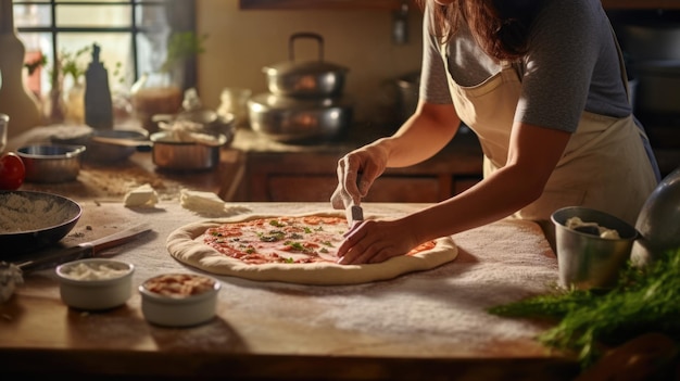 La donna cucina la pizza fatta in casa in cucina