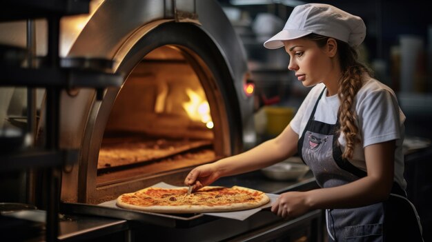 La donna cucina la pizza nel forno