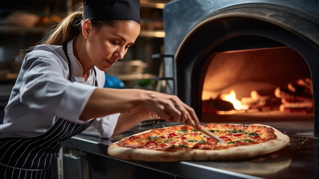 La donna cucina la pizza nel forno.