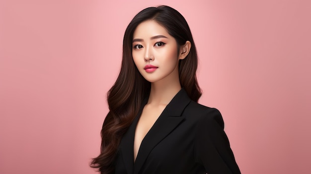 La donna d'affari asiatica alla moda ha una bella figura e una pelle chiara e fresca in un abito nero alla moda