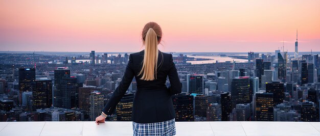 La donna d'affari guarda la città dei grattacieli dalla vista dell'ufficio dal retro