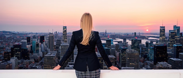 La donna d'affari guarda la città dei grattacieli dalla vista dell'ufficio dal retro