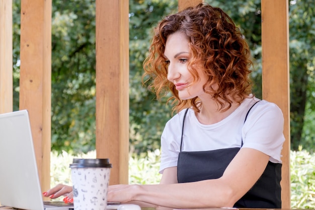 La donna d'affari lavora a un laptop in uno spazio di coworking in un parco cittadino