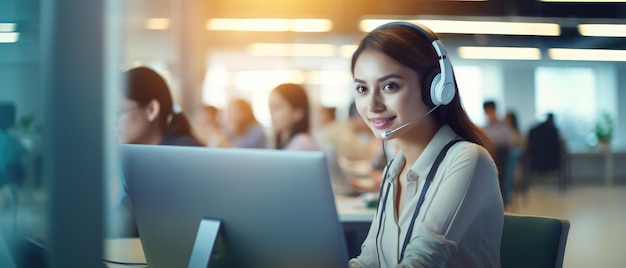 la donna del call center che indossava le cuffie sorrideva lavorando e fornendo servizio con cortesia e attenzione