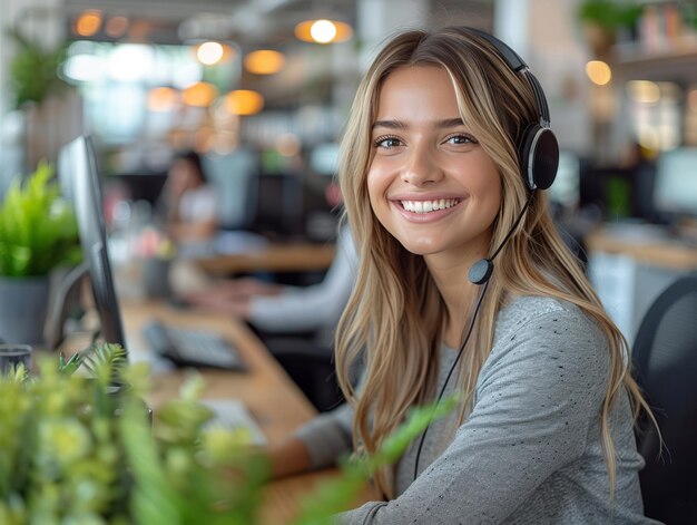 La donna del servizio di supporto consiglia i clienti nel call center