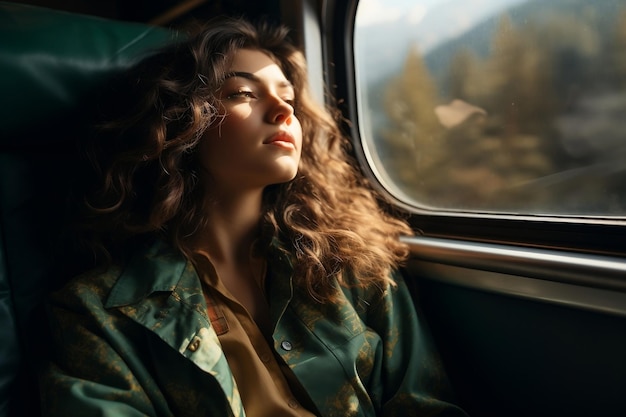 La donna del viaggio in treno che guarda fuori dalla finestra e assorbe l'IA generativa del viaggio