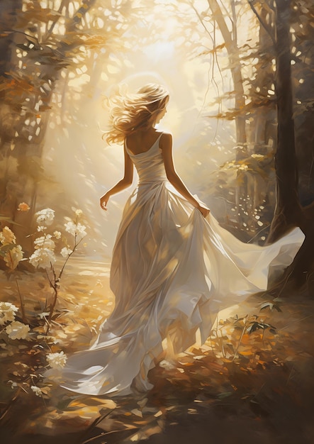 La donna della foresta un vestito bianco camminando lenti flare e il blo