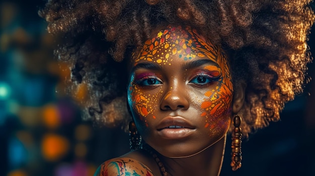 la donna di bellezza afro unica è la forza della passione e la lotta con i colori del trucco più brillanti e l'acconciatura affascinante