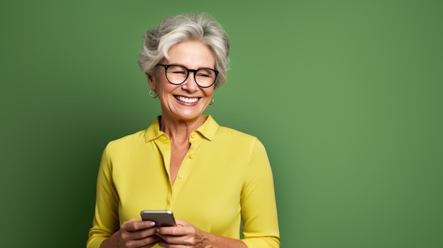 La donna di mezza età sta usando un telefono cellulare su uno sfondo verde