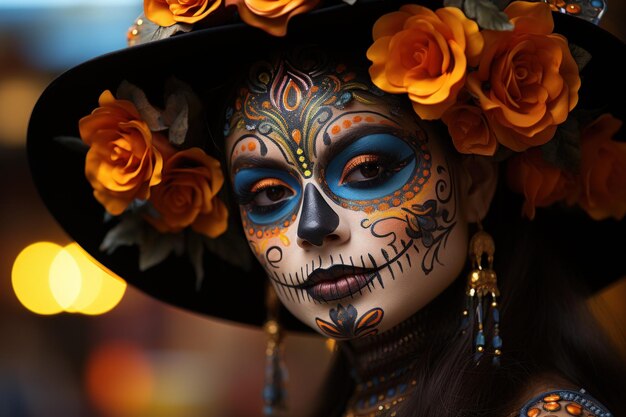 La donna dipinge il suo viso, il cranio e lo decora con fiori.