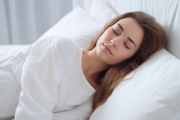 La donna dorme tranquillamente nella camera da letto bianca