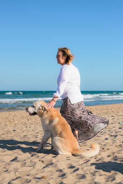 La donna e il suo cane guardano l'orizzonte in spiaggia