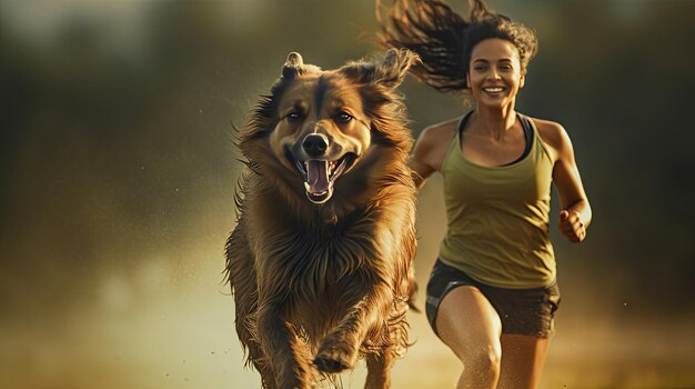 la donna e il suo cane in movimento fanno il passo medio con il cane che corre accanto a loro questo trasmette l'energia e la vitalità del loro allenamento