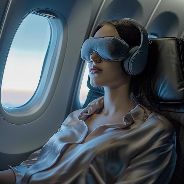 La donna è seduta nell'aereo indossando una maschera da sonno e cuffie