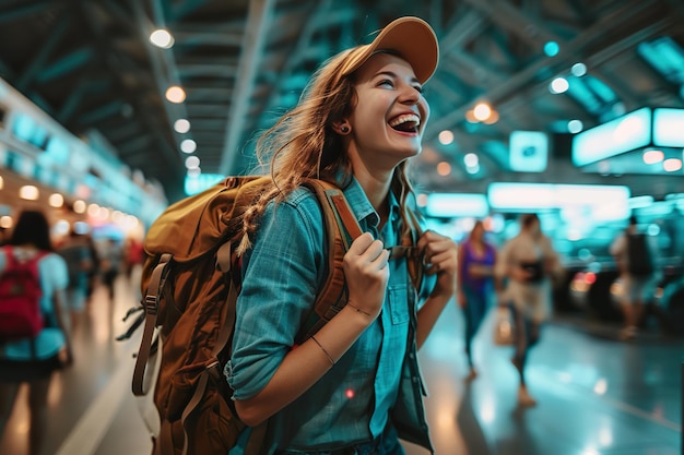 la donna eccitata indossa uno zaino in aeroporto