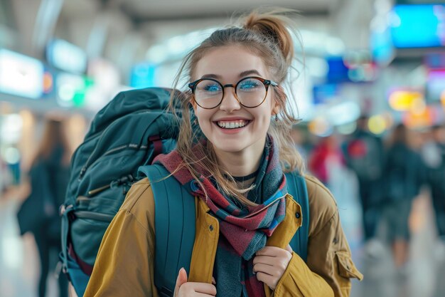 la donna eccitata indossa uno zaino in aeroporto