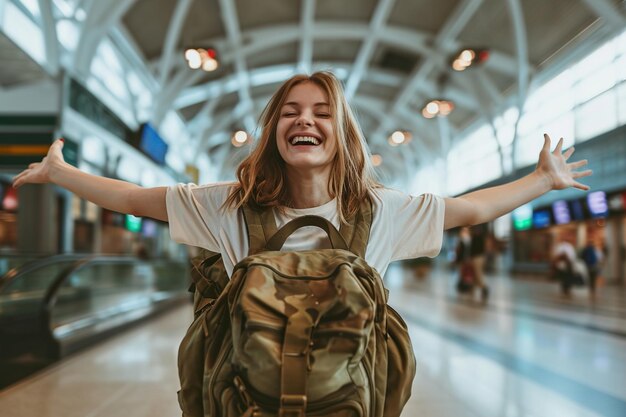 la donna eccitata indossa uno zaino in aeroporto