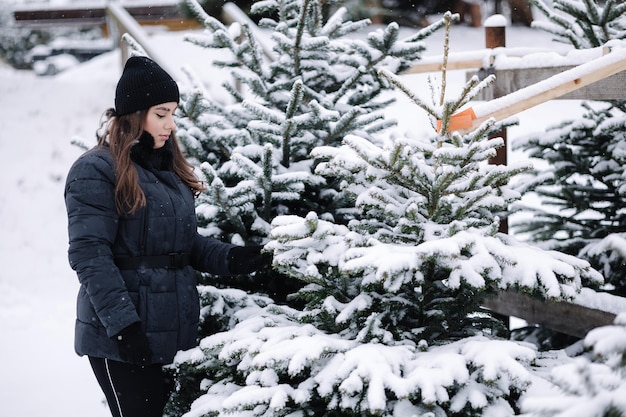 La donna elegante compra un albero di natale donna in un maglione lavorato a maglia nero bella signora sceglie l'abete