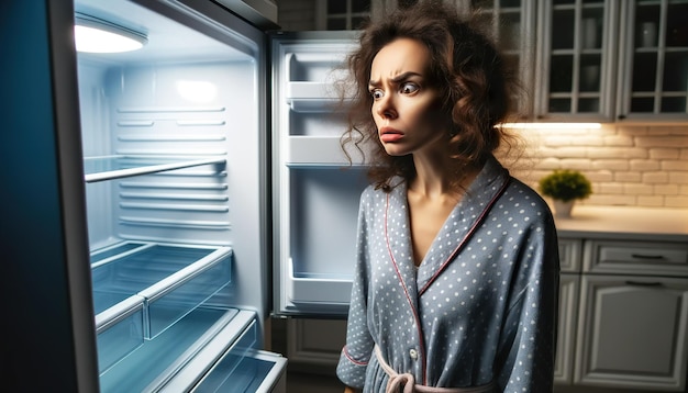 La donna esamina il frigorifero vuoto