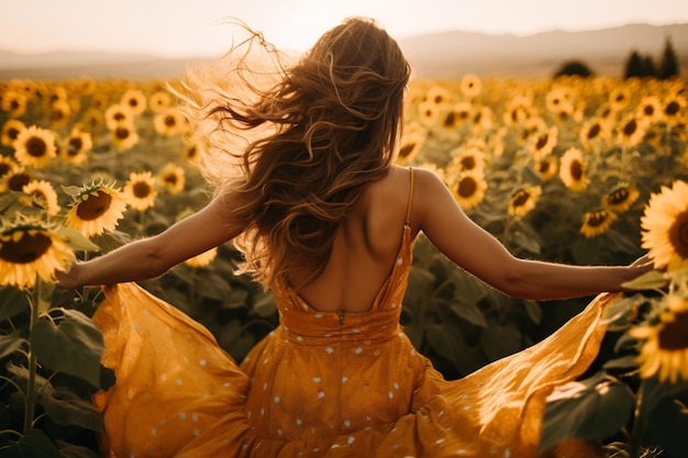 La donna esultante di danza illuminata dal sole si diverte nel campo di girasoli abbracciando il calore della natura