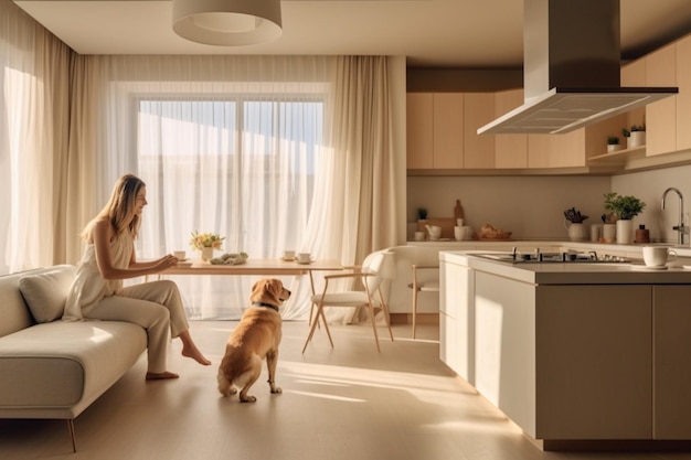 La donna fa il caffè mentre sta in piedi con il suo cane in cucina Interno di una cucina moderna ed elegante nei toni del beige Concetto di stile di vita domestico IA generativa