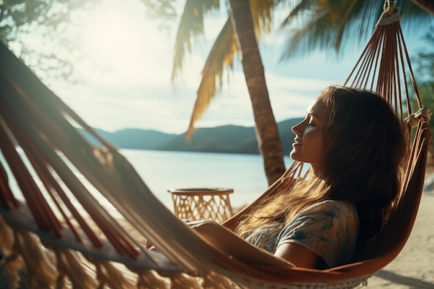 La donna felice del viaggiatore si rilassa in amaca sulla spiaggia Vacanze estive di viaggio