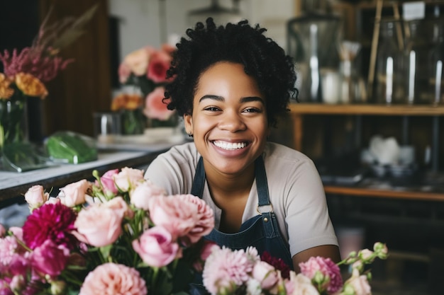 La donna fiorista afroamericana fa un mazzo di fiori nel negozio di fiori
