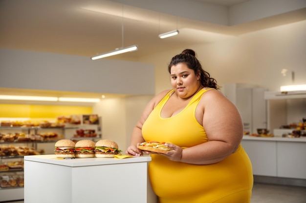 la donna grassa ama mangiare un delizioso hamburger