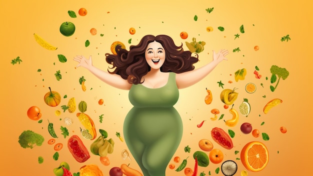 La donna grassa felice ha l'intenzione di perdere peso scegliendo di mangiare cibi sani verdure