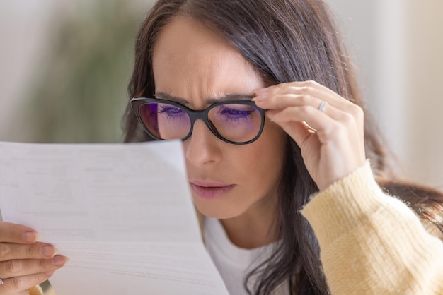 La donna ha problemi di vista e legge la lettera molto vicino agli occhi e agli occhiali