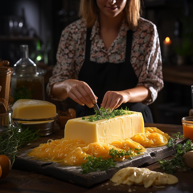 La donna ha tagliato il formaggio a fette per cucinare usando il coltello in cucina