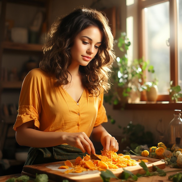 La donna ha tagliato il formaggio a fette per cucinare usando il coltello in cucina