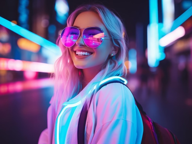 la donna in abiti futuristici si diverte a passeggiare tranquillamente per le strade della città al neon