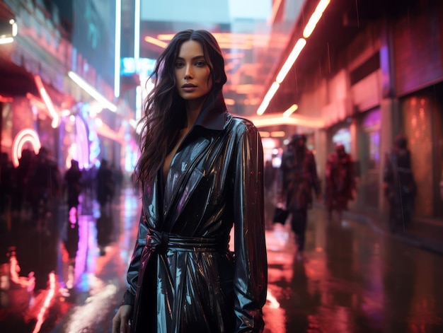 la donna in abiti futuristici si diverte a passeggiare tranquillamente per le strade della città al neon