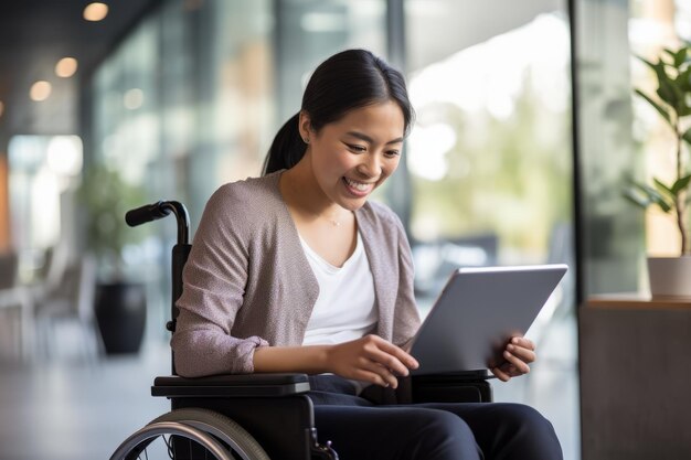 La donna in sedia a rotelle sta usando il tablet