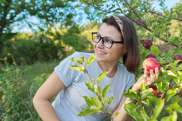 La donna in un meleto del sole tiene in mano una mela rossa matura, copia spazio. Raccolto, autunno, cibo sano naturale biologico, giardinaggio, frutta, concetto di persone