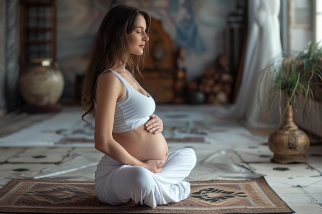 La donna incinta medita yoga benessere equilibrio e tranquillità bellezza della maternità attraverso l'armoniosa fusione di meditazione yoga e maternità in attesa