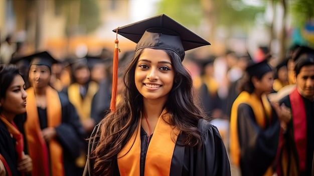 La donna indiana felice laureata sullo sfondo dei laureati universitari Generative Ai